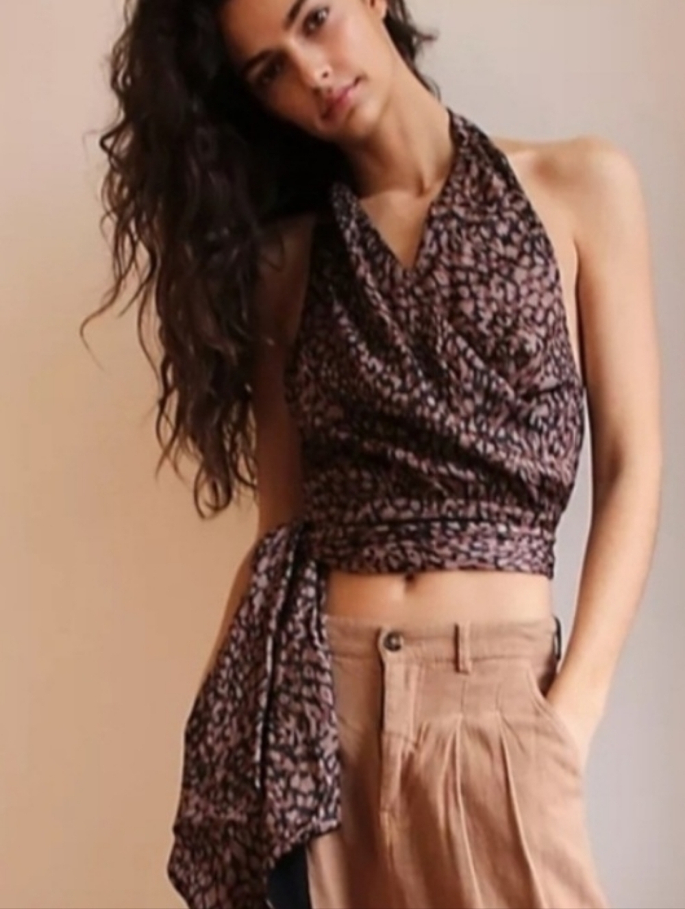 2170 * Free People 2 Way Street Halter Top Stretch Knit Brown Tan Size L NWT